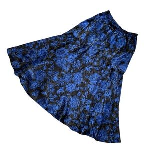 Vintage satin royal blue floral print midi skirt